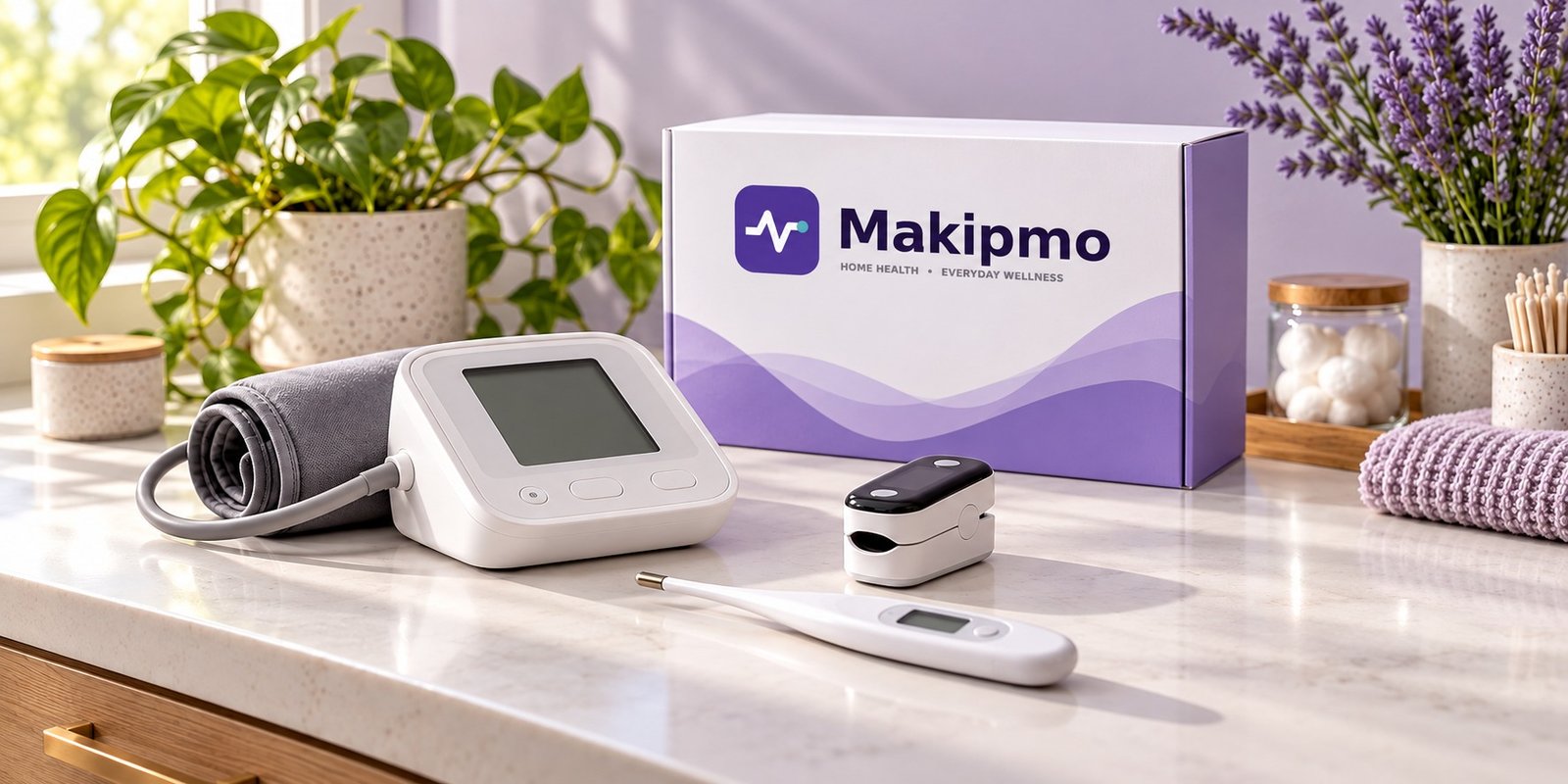 Home health equipment arranged neatly on a bright counter