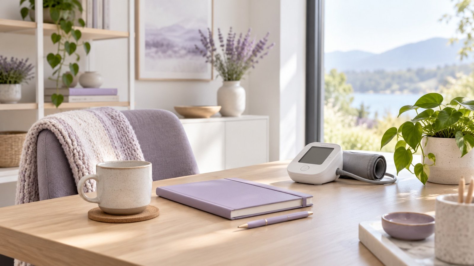 A calm support desk with a health device and notebook